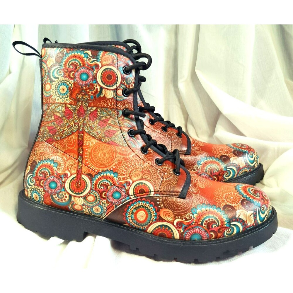 Mandala Orange Dragon Fly Womens 11 Wide Mens 8.5 Eu 42 Combat Boots Vegan - Picture 2 of 8